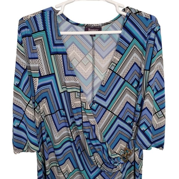 Roaman's Plus Size 24W Dress Geometric Tile Stretch Faux Wrap Pullover Midi Blue - Picture 3 of 12